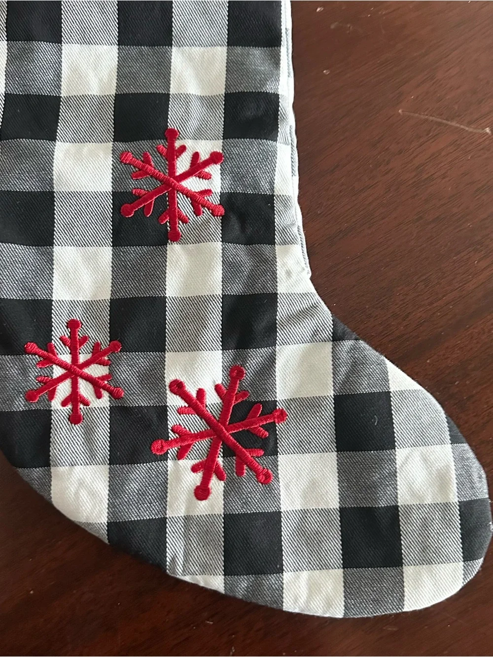 Wendy Bellissimo Holiday Christmas Stocking Red Snowflakes Black White checkered